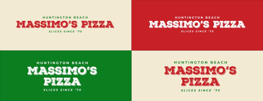 Massimo’s Pizza rebrand logos in red, green, and beige color variations.