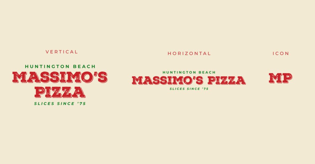 Massimo’s Pizza rebrand with vertical, horizontal, and MP icon logo styles