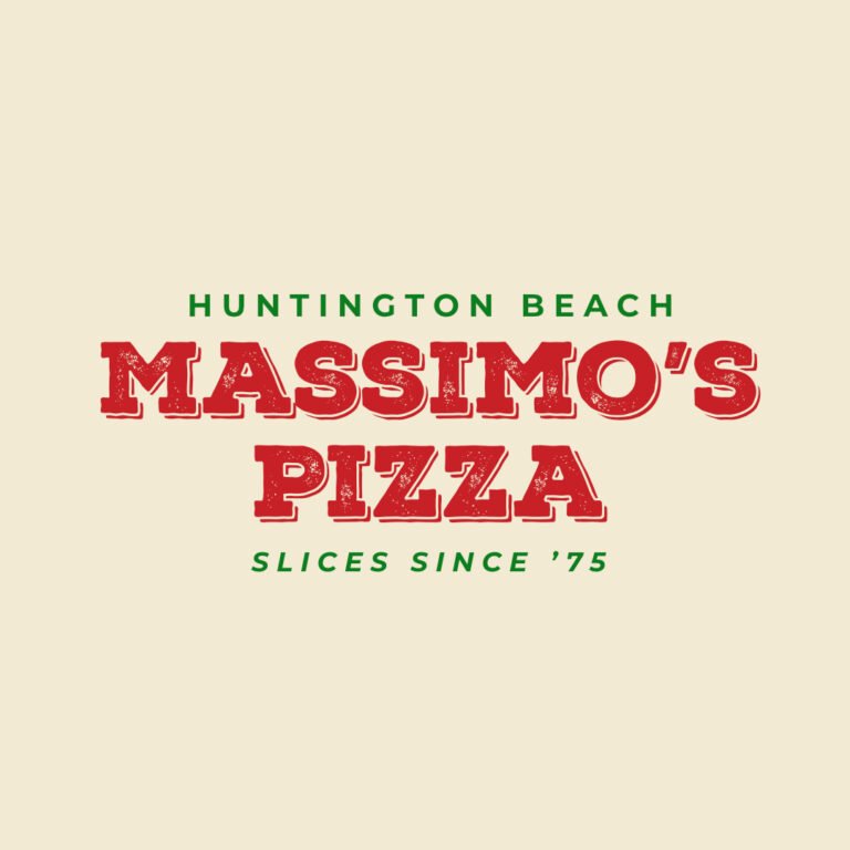 Massimo’s Pizza rebrand logo with vintage red lettering, green accents, Huntington Beach tagline.