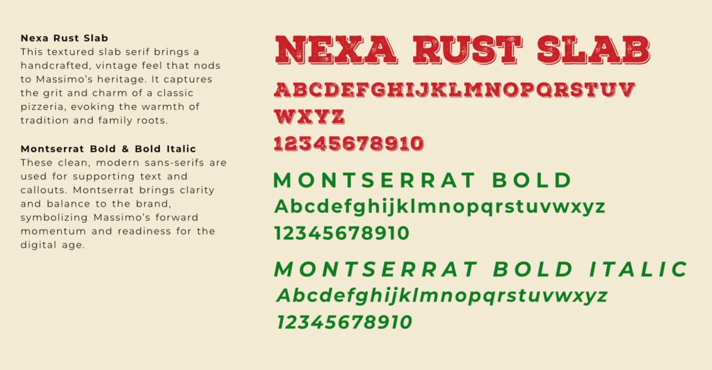Massimo’s Pizza rebrand typography featuring Nexa Rust Slab and Montserrat fonts.