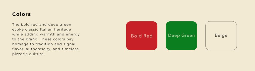 Massimo’s Pizza rebrand color palette with bold red, deep green, and beige.