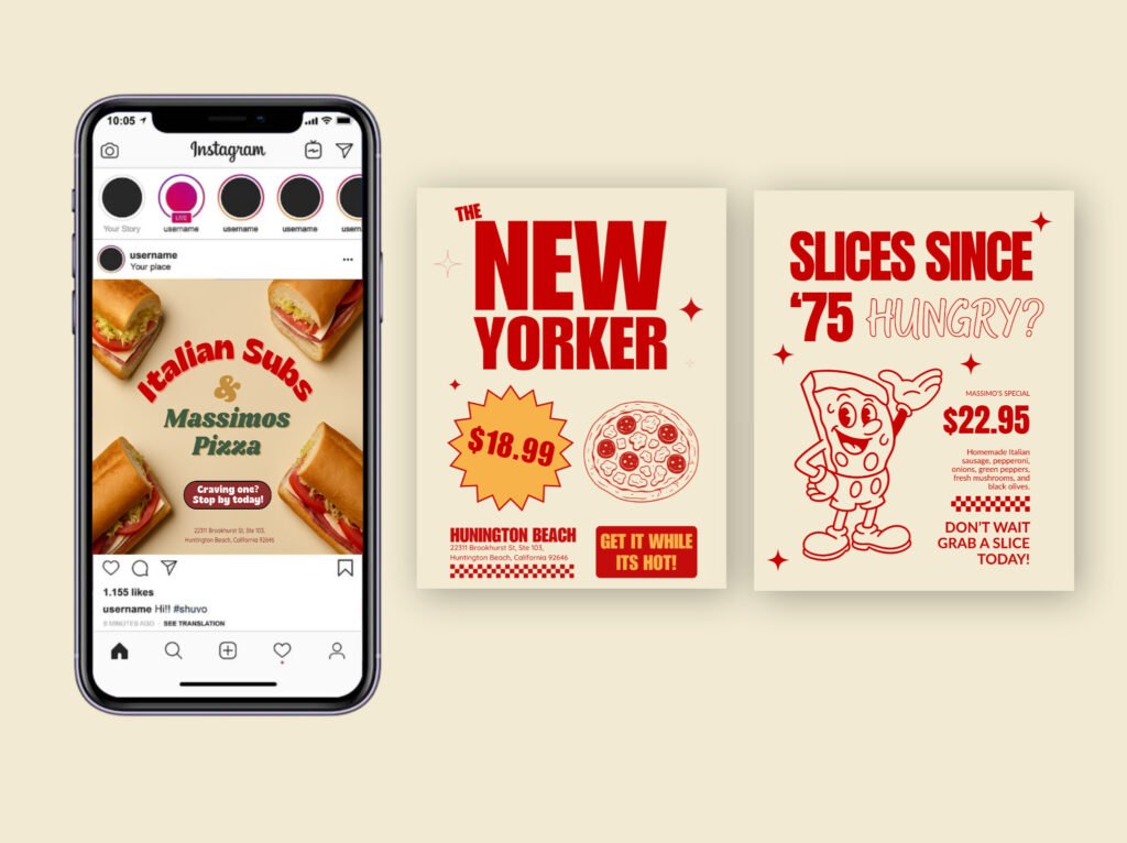 Massimo’s Pizza rebrand social media designs promoting subs, pizza specials, and heritage