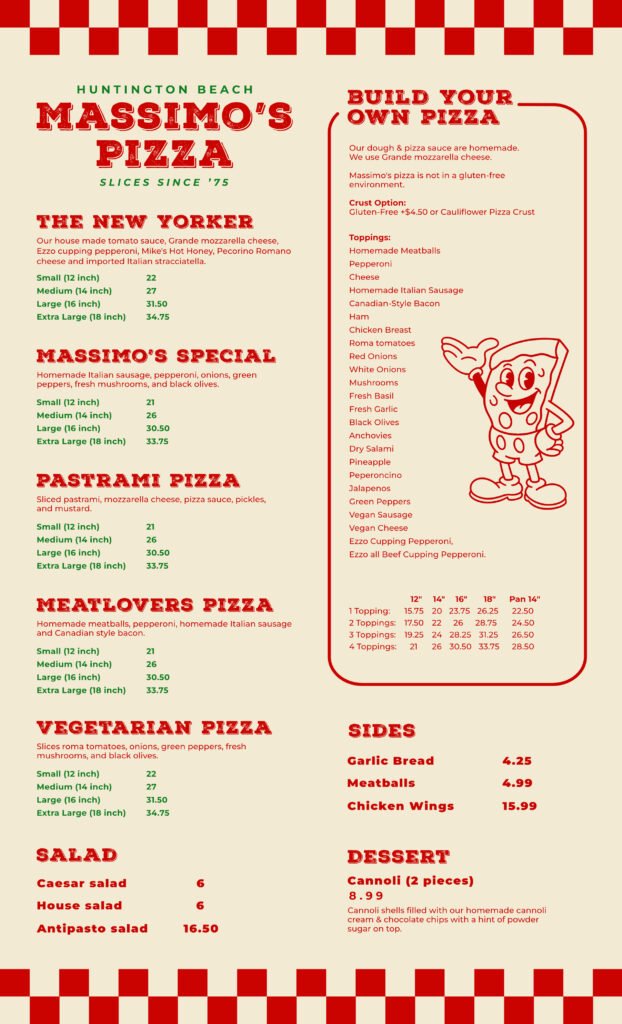 Massimo’s Pizza rebrand menu with specialty pizzas and sides.