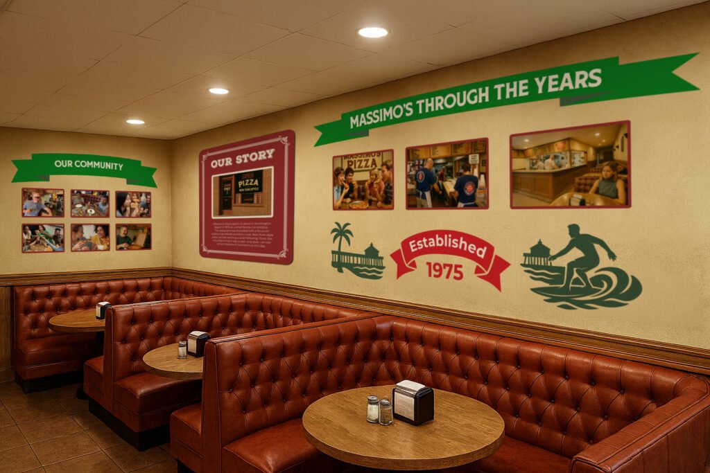Massimo’s Pizza rebrand wall graphics showcasing history, community, and heritage since 1975.